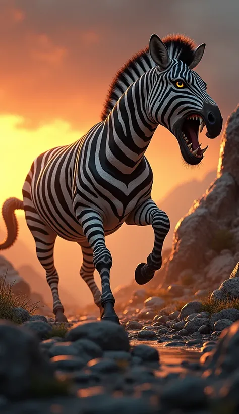 This is a digital image of a white-toothed zebra walking on rocky ground.   And the snake is facing the right side of the picture with its mouth wide open, emitting sharp teeth and sharp claws.   And its eyes are yellow.   The background is a dark orange s...