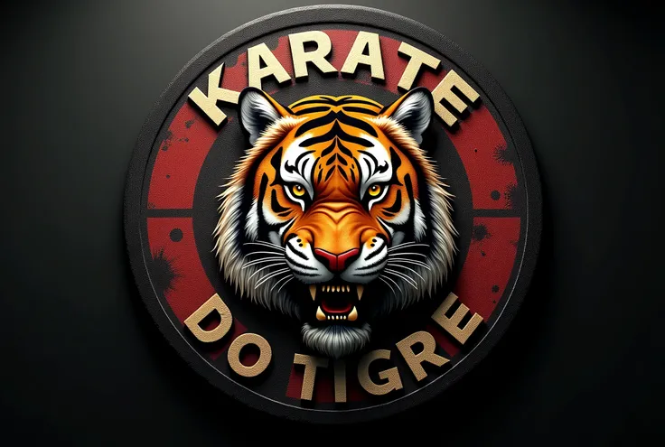 **Prompt:** A hyper-realistic karate shield featuring the face of a ferocious tiger, with piercing eyes, detailed coat and powerful expression, representing strength and agility. The tiger&#39;s face is centered on the shield. ao redor, the name "KARATE DO...