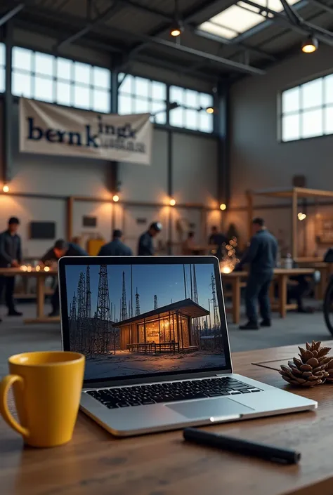 Laptop screen shot showing 3d design of iron frame cafe. Beside the laptop is a black vape the size of a finger and a yellow coffee cup.. Behind the laptop there are several welders welding iron fences and canopies in a large warehouse with lots of iron po...