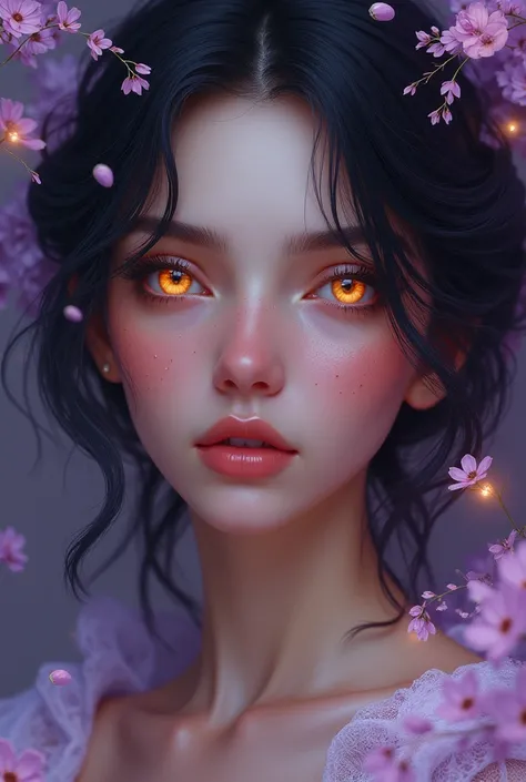 Book cover with woman with unique colors in her eyes (lila,yellow)

