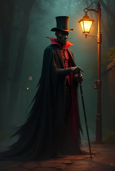 Make a representation of Exú Tranca Rua at a dark crossroads with a black and red cape and a top hat being illuminated by a lamppost showing his face with a cane and cigar

