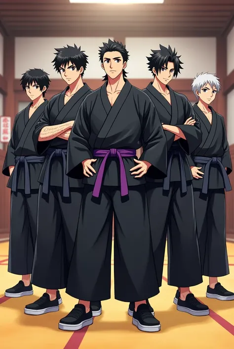 Create an image of 10 anime style friends, in the background there is a karate dojo, and they are next to each other.

The first, he is wearing a black kimono and his arms have veins, it is white in tone.
he has black hair and he has a purple belt tied aro...