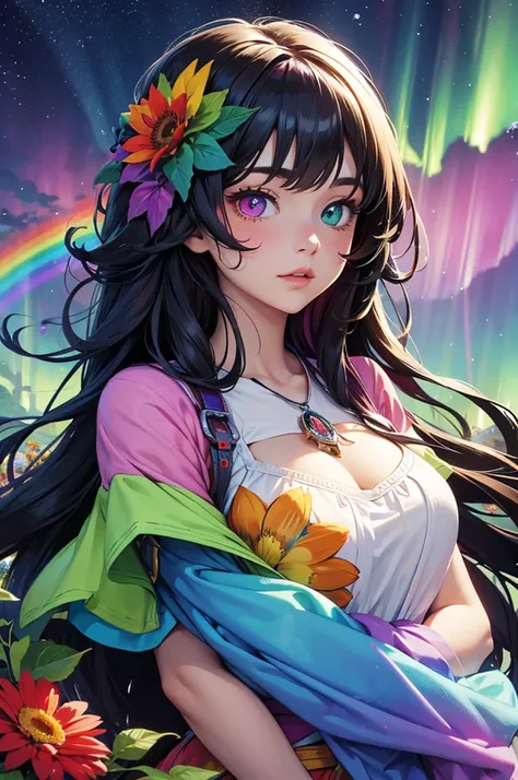 Long-haired rainbow-colored girl, heterochromia, upper body, flower garden, big flower, fantasy, Aurora