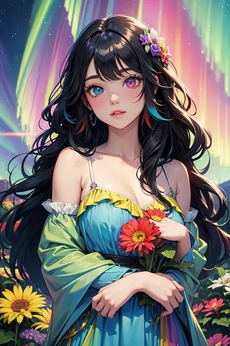 Long-haired rainbow-colored girl, heterochromia, upper body, flower garden, big flower, fantasy, Aurora