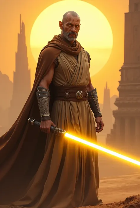 reimagine the Star Wars character Sebulba, as a powerful Jedi with a yellow lighsaber. 