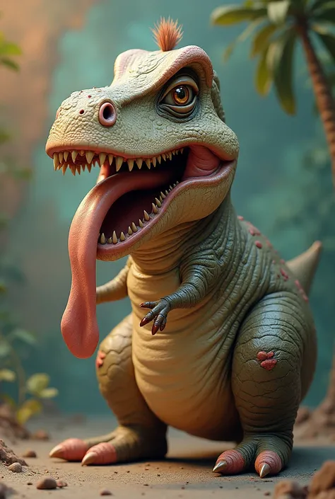 a dinosaur with a big tongue sticking out of a big anus and hair that forms a bald spot 