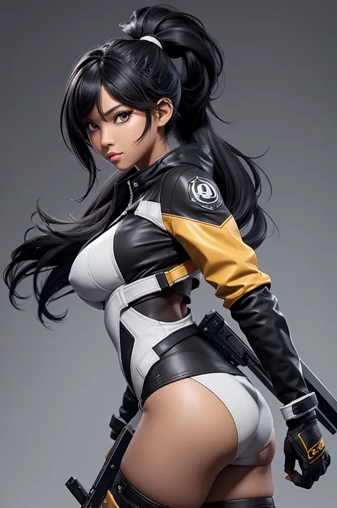 Eve, stellar blade, 8k,highres, 1girl, front lighting, simple background, gray background, looking at the viewer, jacket, bodysuit, black hair and dark black hair, fringe, hair tied in ponytail style, video game, heels, ps5, gloves, ass, boobs, honey color...