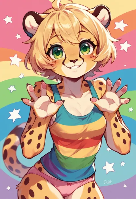 Anthropomorphic, cute, cheetah woman, short chic blonde hair, green eyes, hourglass, small breasts, colorful rainbow striped tank top, pink panties,  cheerful smile, cute pose, stars background