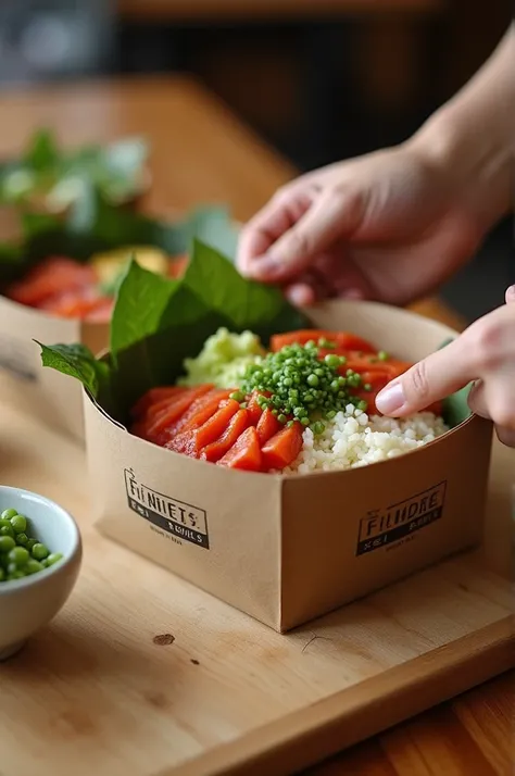 Creating a poke bowl with packaging that says “EcoPoke Bowls” at a poke-themed restaurant