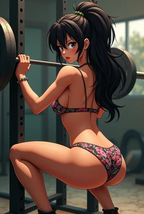 chichi in a bikini from the anime dragon ball z squat pose with iron bar gym showing her ass 