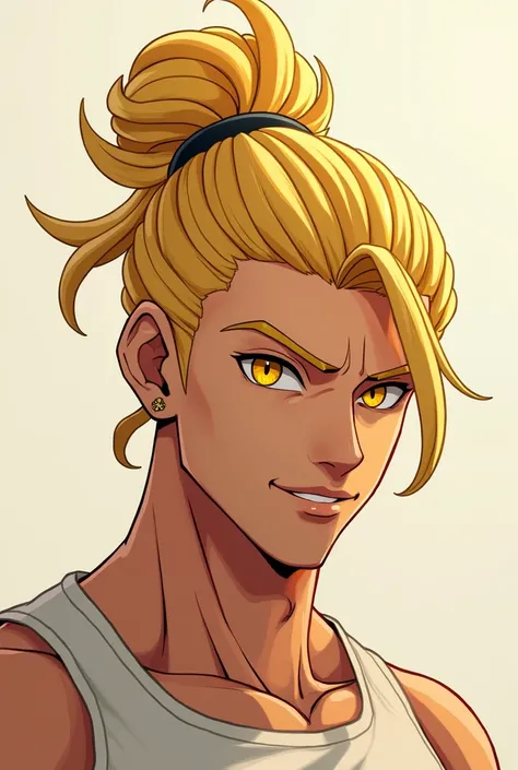 The face of a man with golden eyes, big golden hair with a bun, with a white tank top and ear plugs is drawn and animated, male