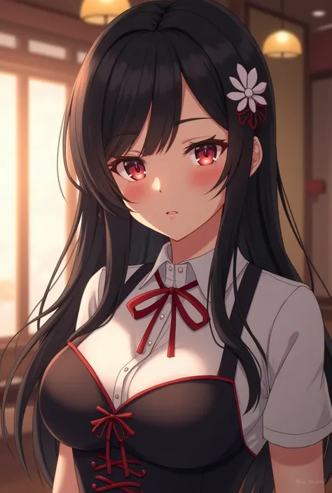 Long hair, blush, , black hair, Flower hair ornament , Closed mouth, small earrings , tender, big breasts, , highly strung, anime style, with restaurant background , waitress uniform , 