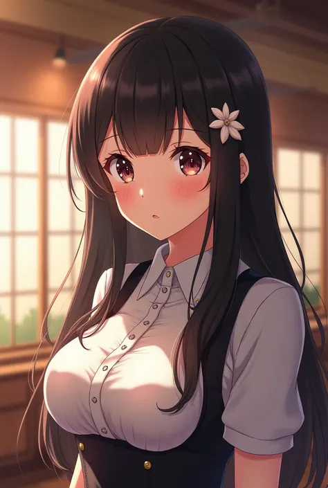 Long hair, blush, , black hair, Flower hair ornament , Closed mouth, small earrings , tender, big breasts, , highly strung, anime style, with restaurant background , waitress uniform , 