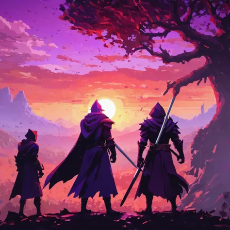 action movie shot, four heroes from the back, red knight, black mage, white healer, purple assassin, cartoonish pixel style, no face details, large tree in the background, dynamic poses, intense atmosphere, vibrant colors, sunset colors, dramatic lighting,...