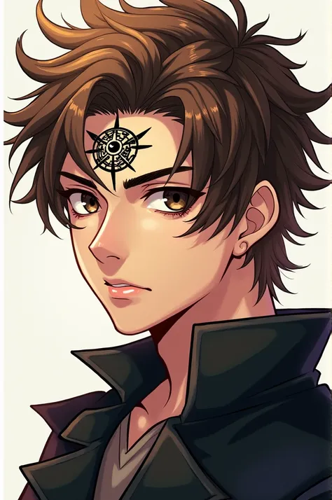 20 year old man drawn and animated with brown hair having light blonde highlights, has a dark black sign in the shape of a sun fused with a moon on his forehead, dark shaped eyes, male