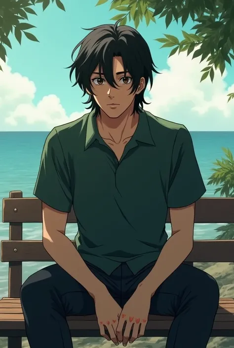 A man of medium height with long wavy hair down to the coast with a dark green shirt and black jeans with a calm look, his eyes are dark brown and his mouth is well drawn sitting on a bench with brown skin without a beard in anime style with longer hair 