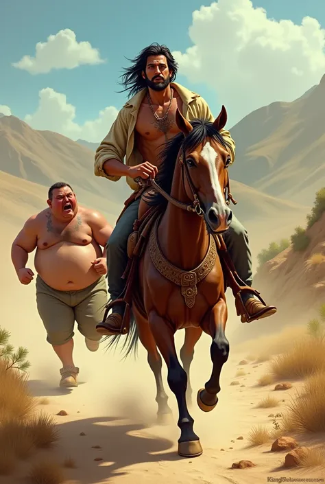 a gypsy man with his shirt open riding a horse with a fat man running behind him, yelling.