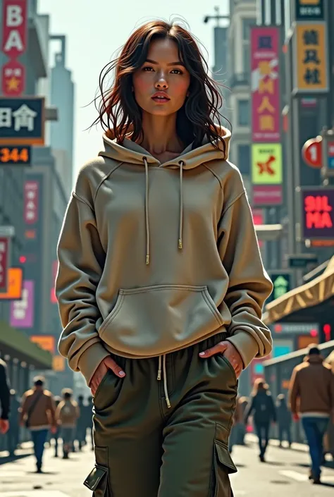 A woman wearing a hoodie and cargo pants in a street 