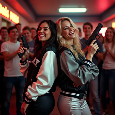 wide depth of field, wide depth of focus, f/11 lens setting, all objects in focus, full color image, 2 laughing women standing back to back, posing with pistol held strait up by face, looking at camera ,large fraternity house game room, full body image, (t...