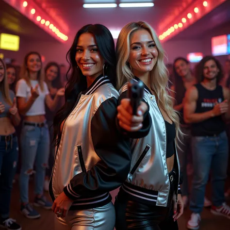 wide depth of field, wide depth of focus, f/11 lens setting, all objects in focus, full color image, 2 laughing women standing back to back, posing with pistol held strait up by face, looking at camera ,large fraternity house game room, full body image, (t...