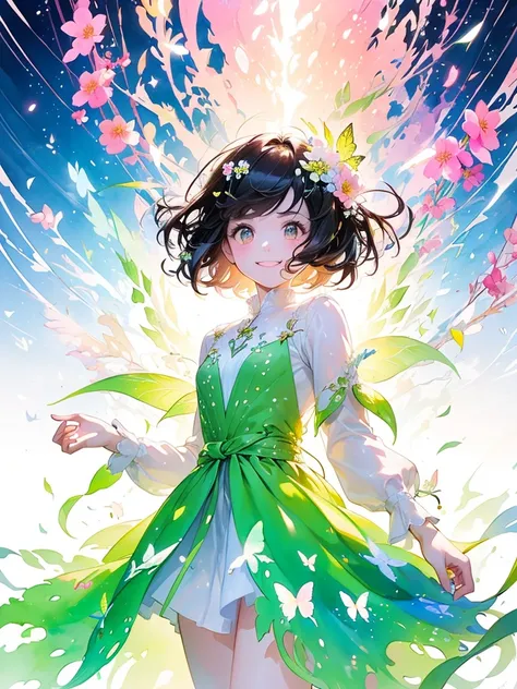 (masterpiece、highest quality、highest quality、Beautiful and beautiful:1.2)、Good anatomy、（Watercolor 1.5）、Composition looking up from a low position、Long Shot、Drawing of a girl with straight short hair、Beautiful smile、Butterfly Fairy Costume、pure white、pure、...