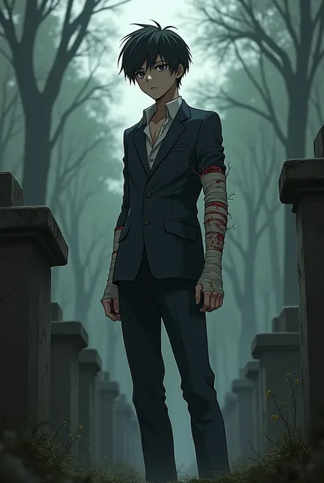 Anime boy with a suit torn by his arms with bandages covering his arms and forehead with blood in a parish with graves