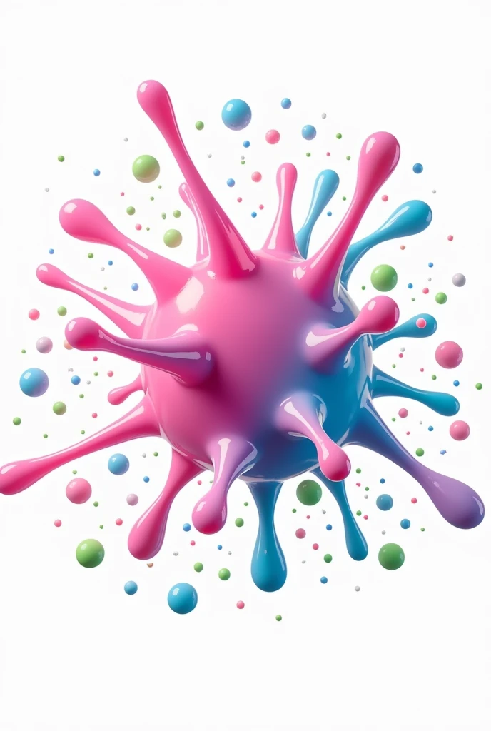 Create a bubble gum splash with several colorful mini gumballs in the background on a white background