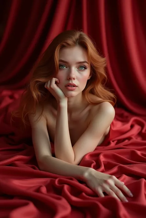 Realistic woman lying on red silks with violet and green eyes 
