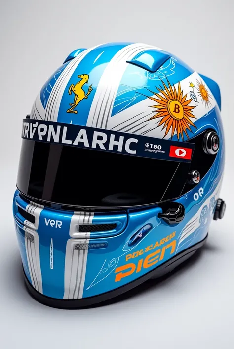 "A high-resolution close-up front view of a Formula 1 helmet designed for the Argentine driver Franco Colapinto. The helmet is predominantly sky blue and white, representing the colors of the Argentine flag. The design includes a stylized sun emblem from t...