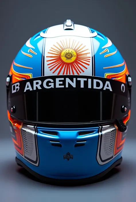 "A high-resolution close-up front view of a Formula 1 helmet designed for the Argentine driver Franco Colapinto. The helmet is predominantly sky blue and white, representing the colors of the Argentine flag. The design includes a stylized sun emblem from t...