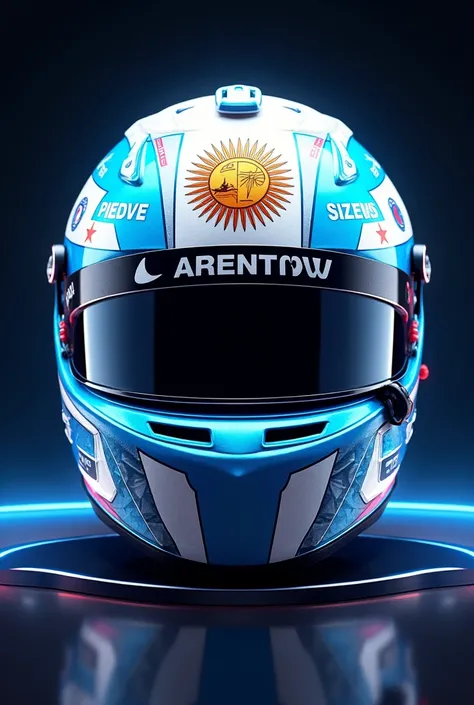 "A high-resolution close-up front view of a Formula 1 helmet designed for the Argentine driver Franco Colapinto. The helmet is predominantly sky blue and white, representing the colors of the Argentine flag. The design includes a stylized sun emblem from t...