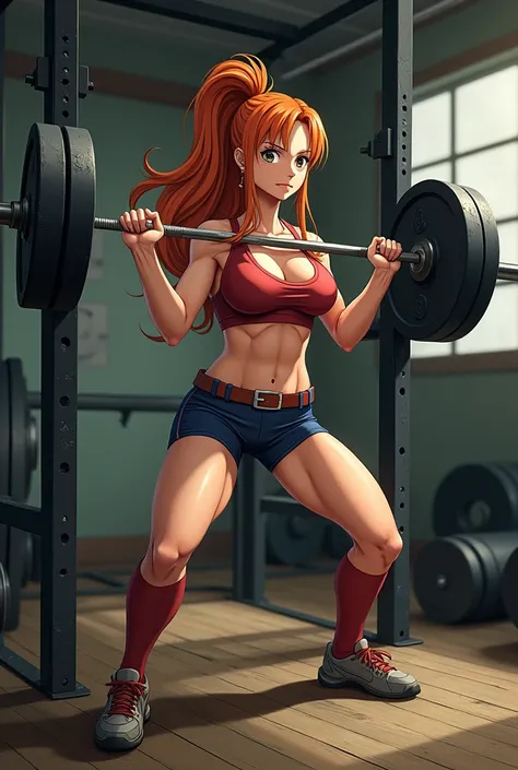 Nami more mature from anime one piece squat pose gym with iron bar