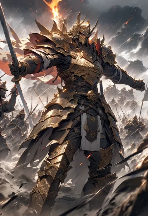 A close-up of a lone samurai in full armor, standing tall with a determined expression. The background shows a chaotic battlefield, with soldiers clashing in the distance under a stormy sky."