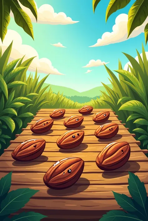 Make a cartoon image of cocoa beans drying in the sun