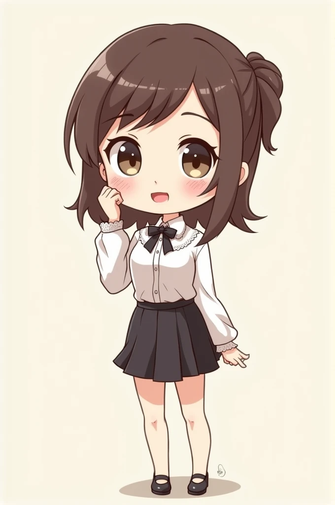 a woman standing, wearing a tight skirt and a formal blouse in chibi style