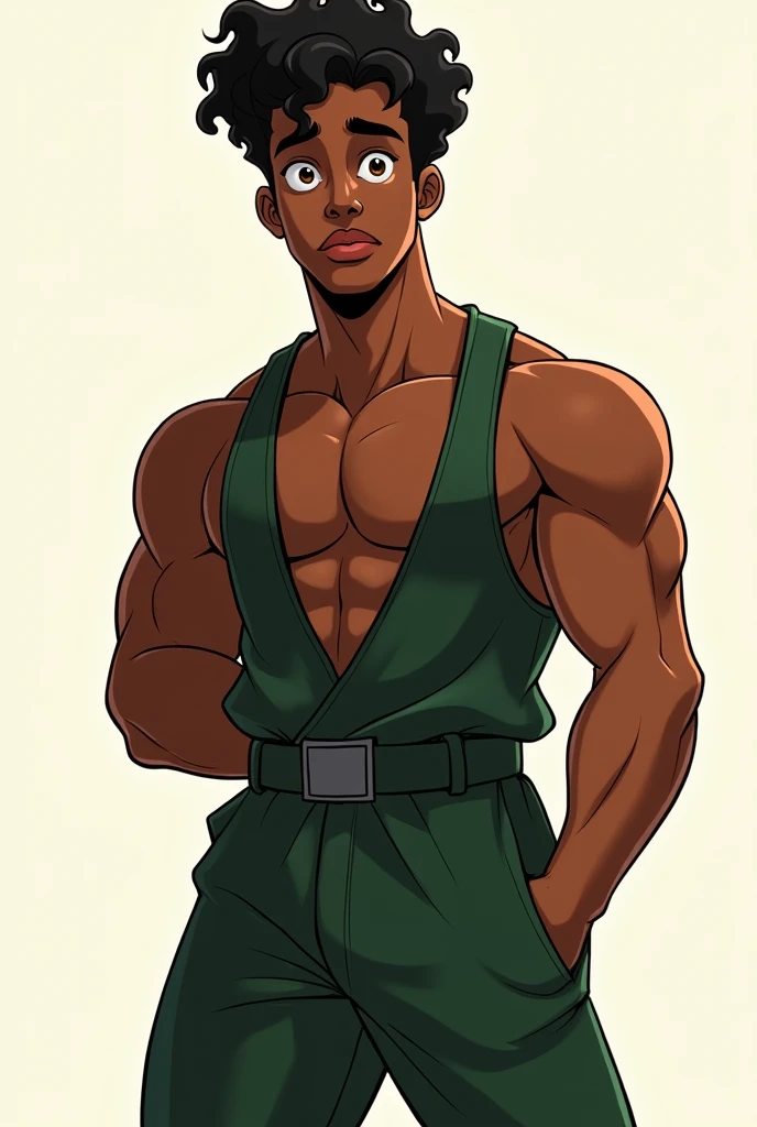  black male, 1,79 tall, big curly hair,  eyes browns, thick lips, dark green jumpsuit, drawn and animated