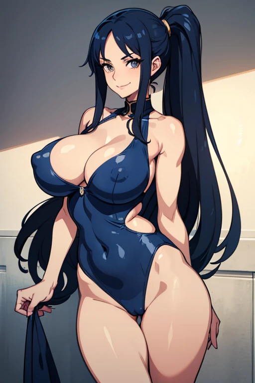 1woman,large breasts,pepperoni nipples,dark blue hair,long hair,low ponytail,seductive smile, light grey high leg one piece dress is skin tight and has a sheer material in the torso, allowing her skin and navel to be slightly visible even over her swimsuit...