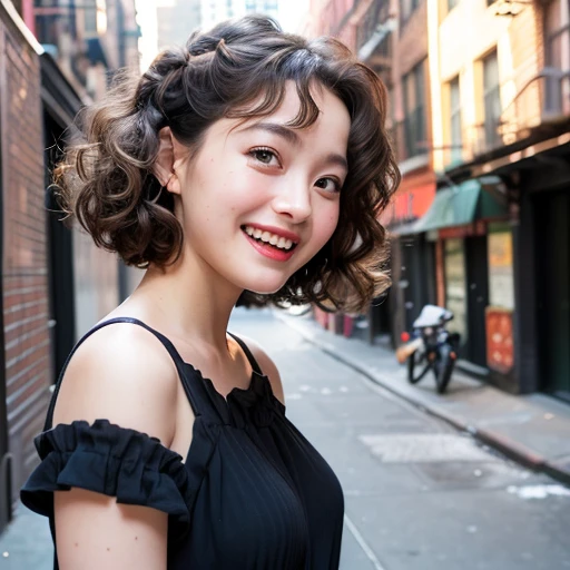 (((Face close-up)))、(((Cute inward curl hairstyle)))、(((She is photographed with the backdrop of a New York alleyway))、(Natural laughter:1.25)、、1 girl、Independent、I&#39;looking forward to it、Natural Makeup、Brown Hair Color、flat 、、Quality of actress、Shiny, ...