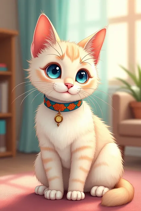 A drawing of a cat with blue eyes and a collar 