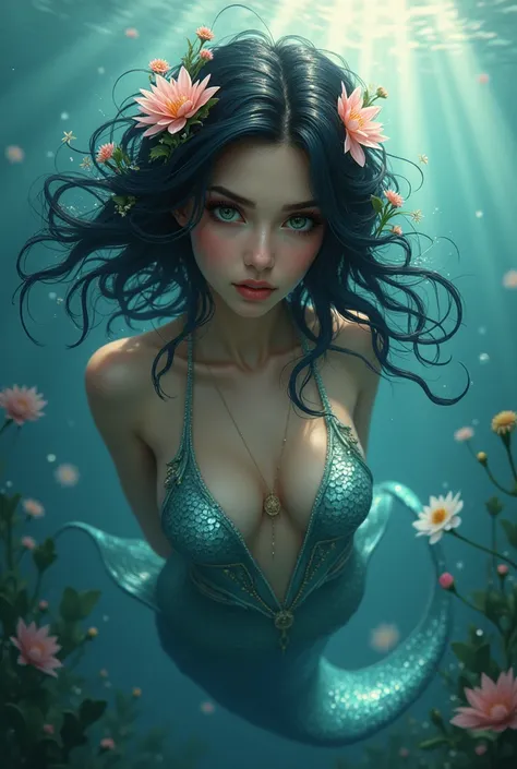 mermaid, black hair adorned with flowers, swimming in the seas, looking at the camera