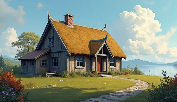 Viking village house with cool calm colors, clean art