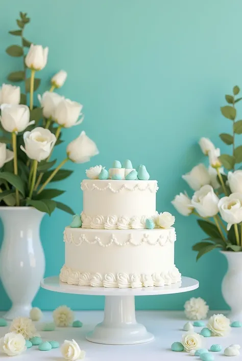 create a christening table with a white 2-tier cake , white flowers and turquoise flowers inside white vases , white chocolates inside flower molds in different shades of turquoise