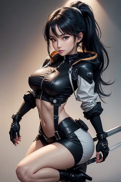 Eve, stellar blade, 8k,highres, 1girl, front lighting, simple background, gray background, looking at the viewer, jacket, bodysuit, black hair and dark black hair, fringe, hair tied in ponytail style, video game, heels, ps5, gloves, ass, boobs, honey color...