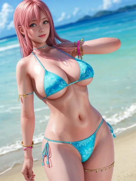 honoka, large breasts,  wearing a sky blue bikini,  pink hair, detailed eyes, on the beach, add to_detail:1masterpiece, best qua...