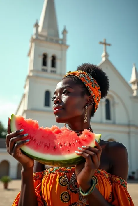 African woman in front of a white church , eating a slice of watermelon