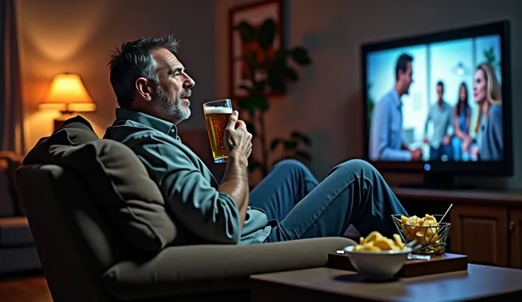 POV man watching TV with a beer in his hand and chips on the table