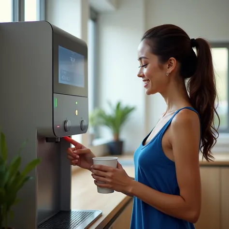 woman using an automatic water dispenser machine clicking with 1 finger full hd max realistic image she is standing holding a cup she is happy and wearing a blue tank top