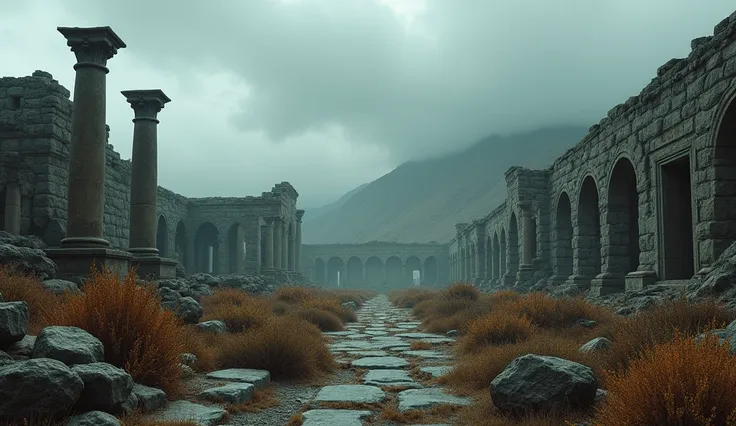 A panoramic view of ancient ruins, with broken columns and crumbling walls. The sky is cloudy, conveying a sense of mystery and desolation. Dry plants grow between the stones, symbolizing the passage of time and the echoes of a lost civilization.