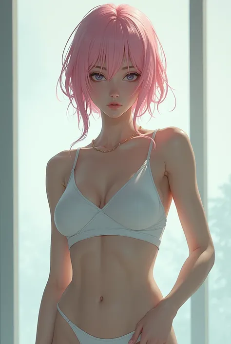 Woman with delicate face, well-toned and defined body like Maki from Jujutsu Kaisen and light pink Chanel hair.