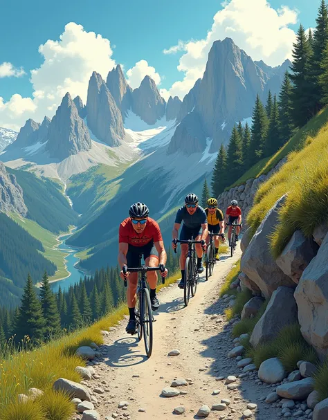 realistic comic illustration with Don Lawrence style of Gravel Bicycle Cyclists climbing up hill ride at dolomiti track, breath taking landscape, ultrasharp, shallow depth of field